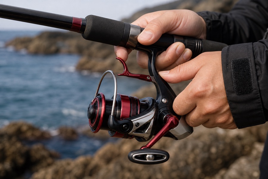 人差し指でレバーを操作するレバーブレーキ。魚の突っ込みを竿の角度を保ったまま往なす