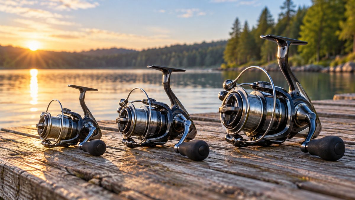 Spinning reels of different sizes on a dock